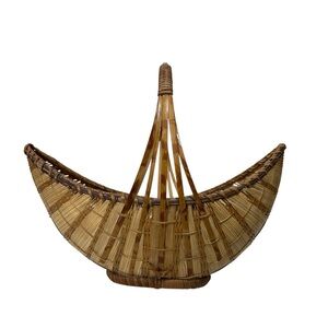 Vintage Hand Woven Ratan Boat Basket With Handle Decor Bread Basket Planter